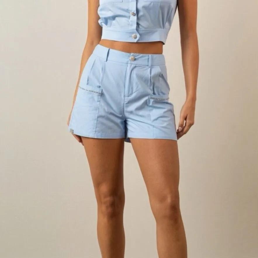 Detail Sky blue shorts with crystal pocket detail, Elizabethan World