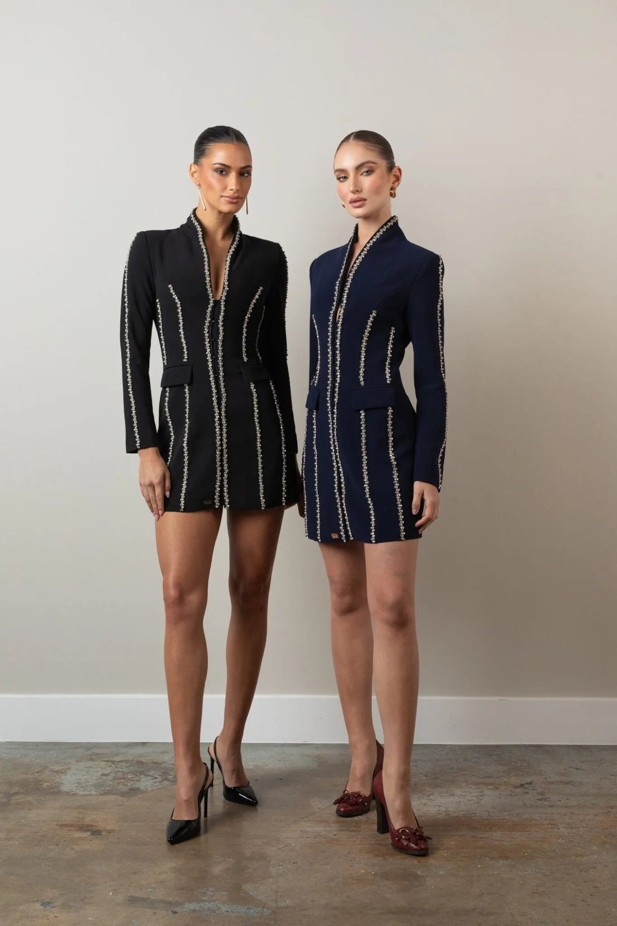 Black & Blue crystal-embellished blazer dress on model Side view, Elizabethan World
