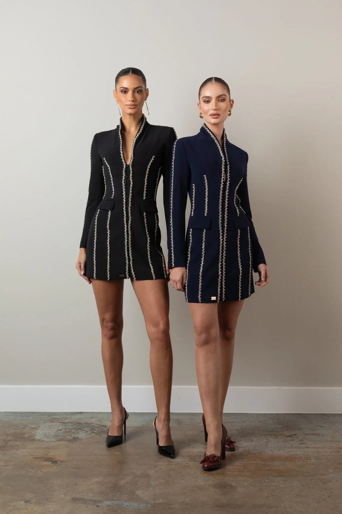 Black & Blue crystal-embellished blazer dress on model, Elizabethan World