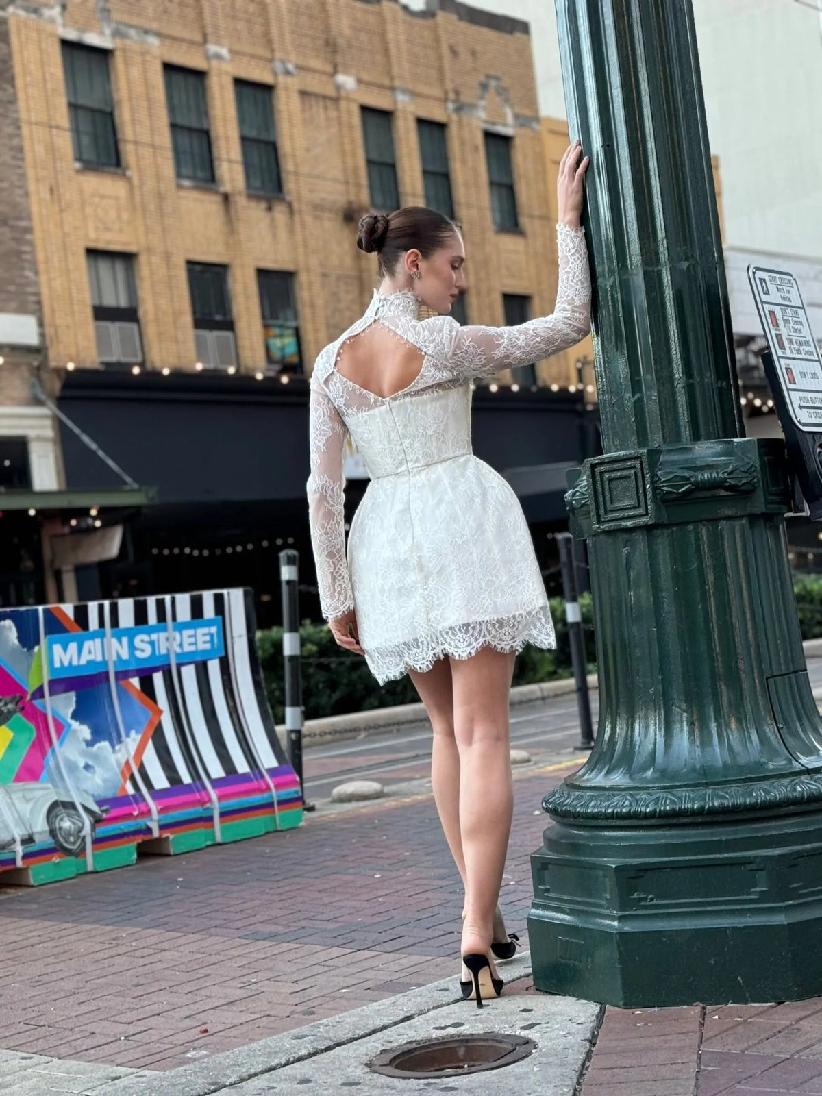 White lace mini dress with corset Back view, hand-beaded, Elizabethan World