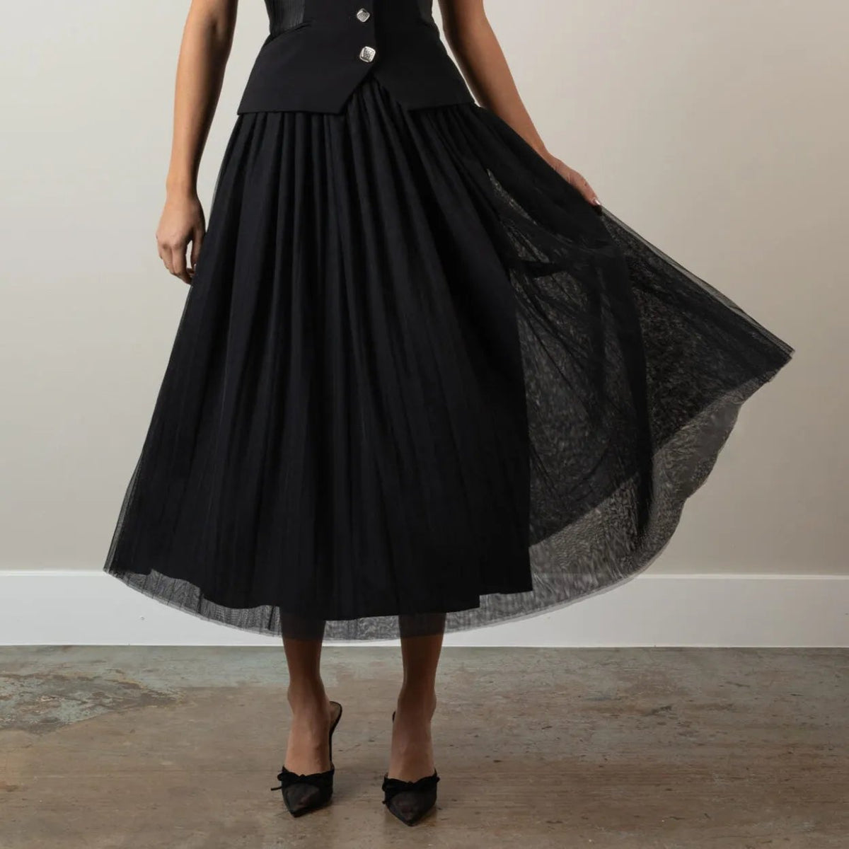 Detail Flowing maxi skirt, full length on model, Elizabethan World