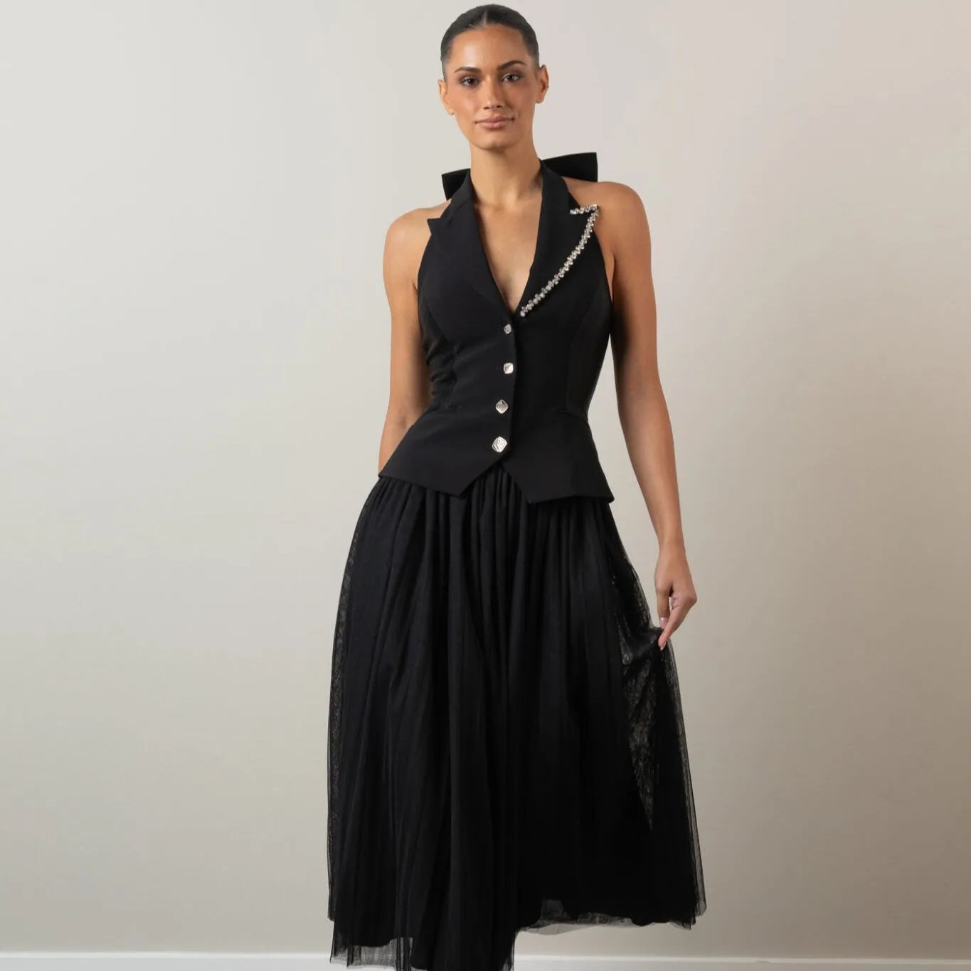 Front view Flowing maxi skirt, full length on model, Elizabethan World