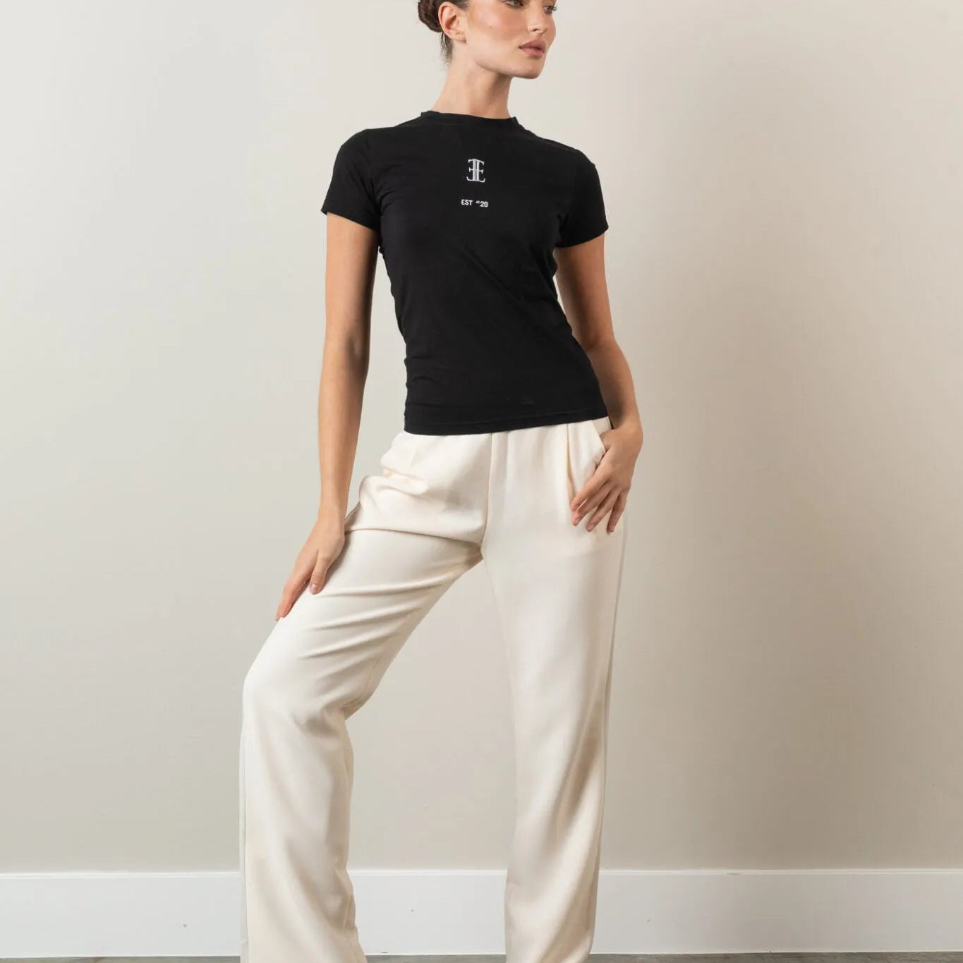 Black logo tee, soft stretch fabric Front view, Elizabethan World