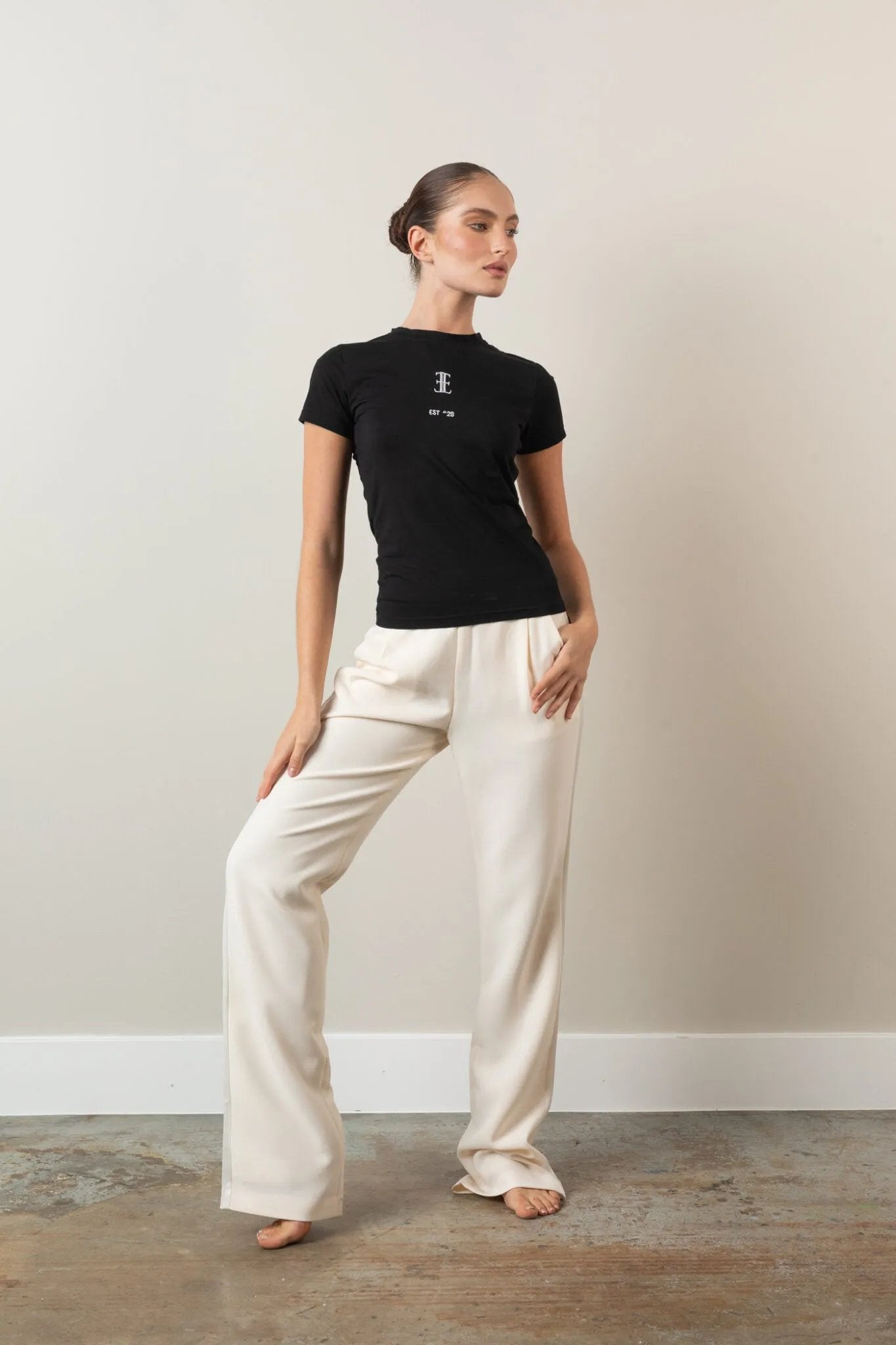 Black logo tee, soft stretch fabric Front view, Elizabethan World