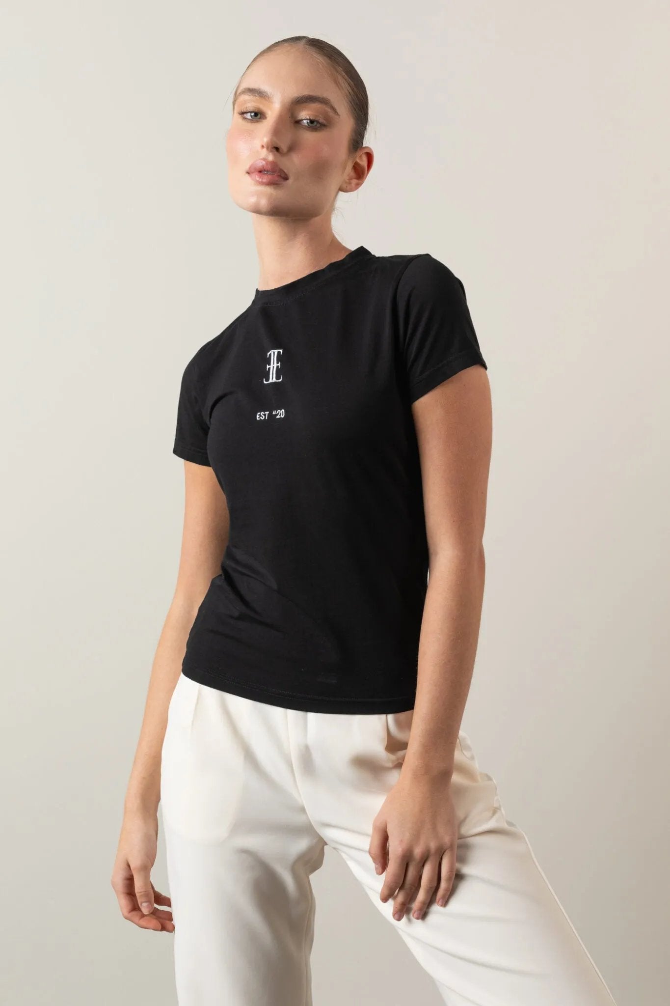 Black logo tee, soft stretch fabric Detail, Elizabethan World
