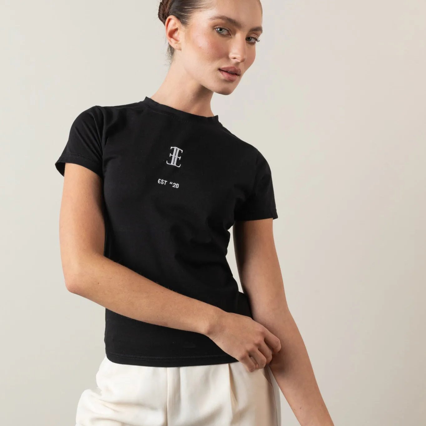 Black logo tee, soft stretch fabric, Elizabethan World